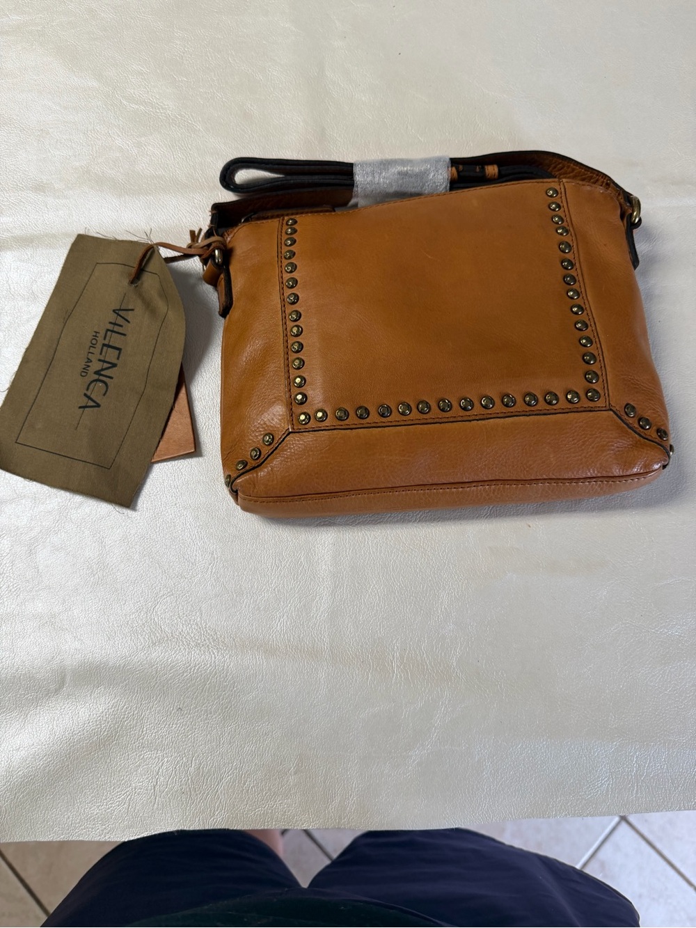 Tan Leather Studded Crossbody Bag